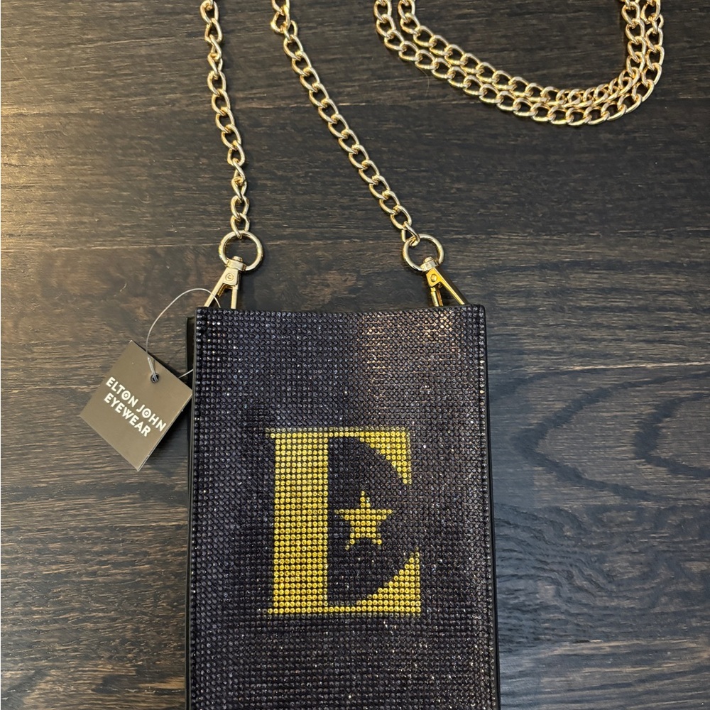 NWT Elton John Black Mini Crossbody Bag with Gold Chain and Yellow Letter “E” - Picture 2 of 6